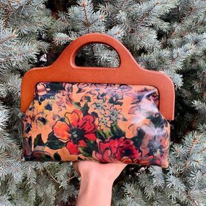 Handmade Genuine Leather Floral Print Large Wooden Frame Bag with 2 Chain styles